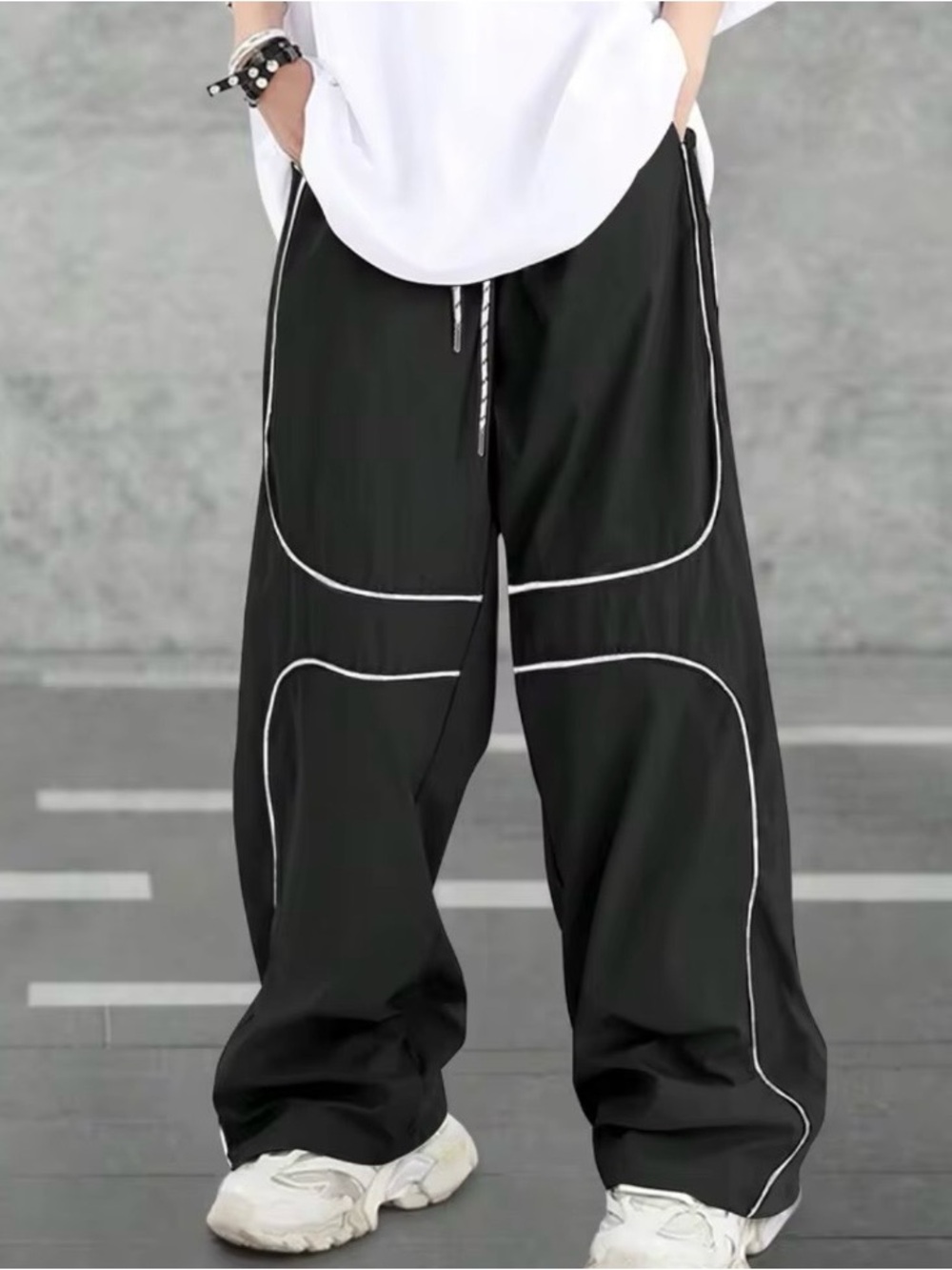 Shein Black Manfinity Hypemode White Contrast Piping Drawstring Oversized Pant S